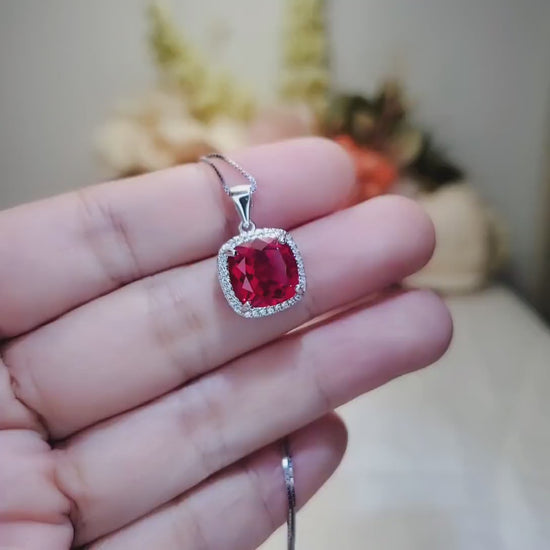 Large Ruby Necklace Sterling Silver 6 CT Square Gemstone Red Pendant 18k White Gold Plated July Birthstone #473