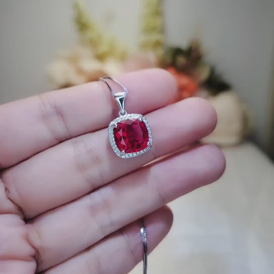 Large Ruby Necklace Sterling Silver 6 CT Square Gemstone Red Pendant 18k White Gold Plated July Birthstone #473