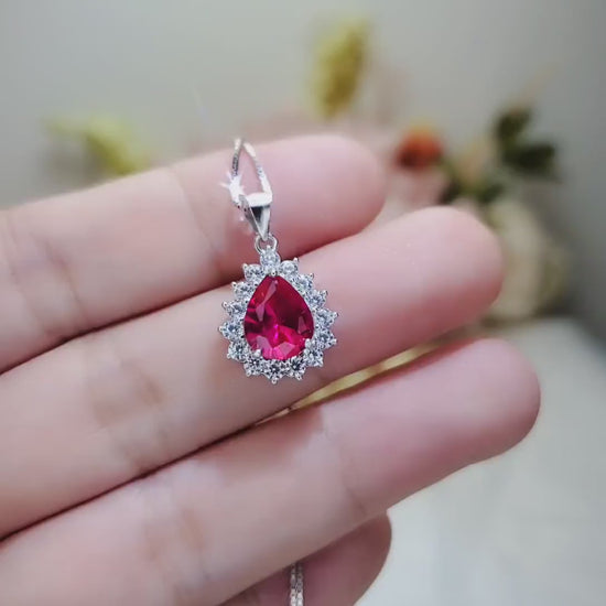Halo Teardrop Ruby Necklace - Sterling Silver 18KGP - July Birthstone - Pear Cut Genuine Lab Growing Ruby Pendant #194