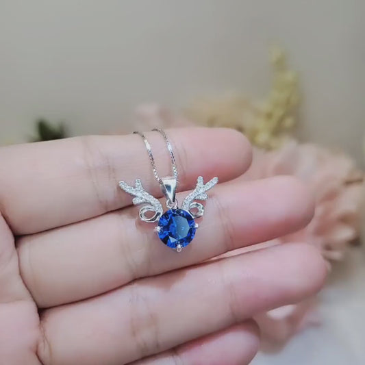 Blue Sapphire Necklace -  18KGP @ Sterling Silver - 2 CT Blue Sapphire Pendant - Gemstone Antler Deer Jewelry #340
