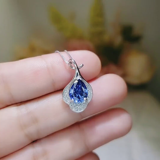 Tanzanite Necklace -  18KGP Sterling Silver Petal Jewelry - Solitaire Teardrop Genuine Lab Created Tanzanite Jewelry #426