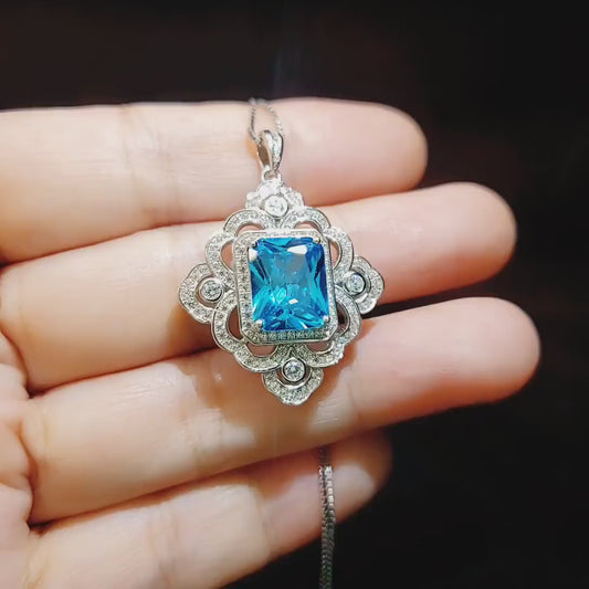 Large Blue Topaz Necklace -  Faceted Rectangle 5 CT Swiss Blue Topaz Pendant - Gemstone Flower of Prosperity - 18kGP Sterling Silver #893