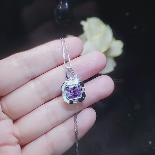 Genuine Amethyst Necklace - Natural Square Amethyst Pendant - 18KGP @ Sterling Silver - February Birthstone Solitaire Amethyst Jewelry #498