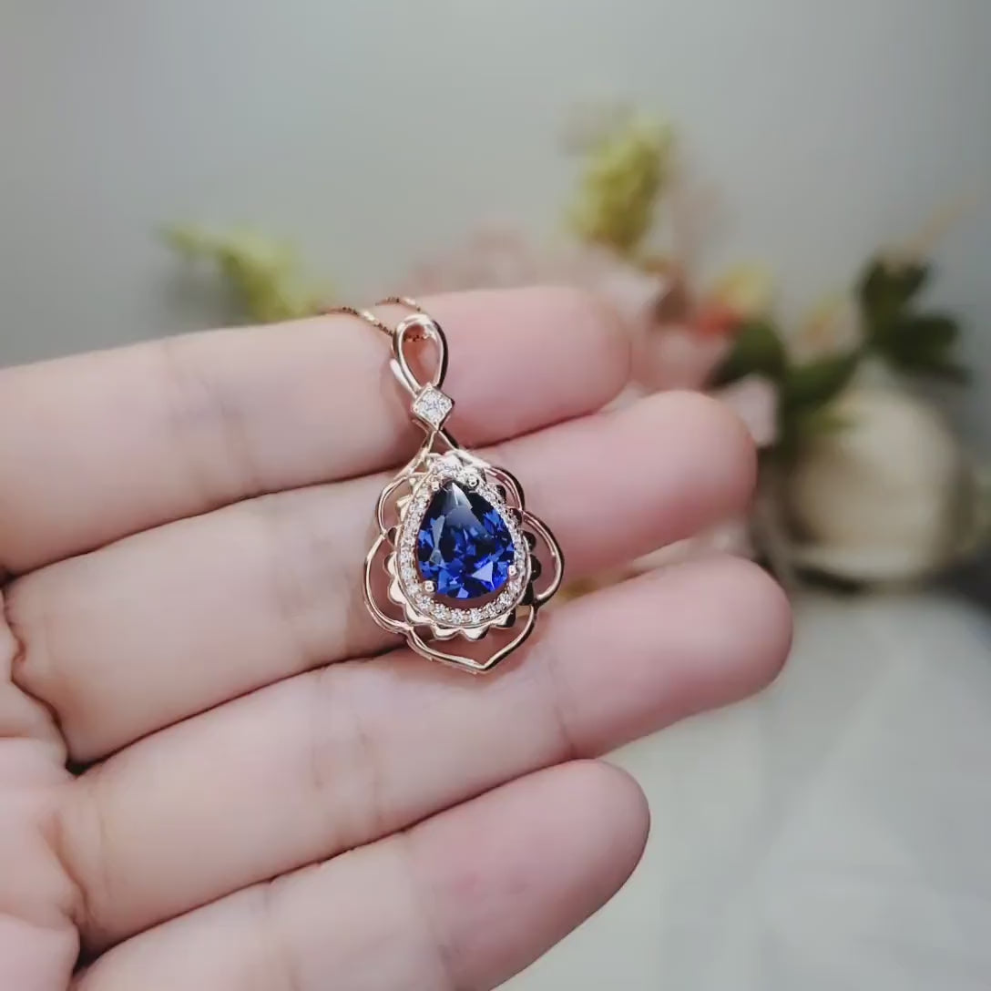 Tanzanite Necklace - Rose Gold 925 Sterling Silver Gemstone Flower Petal Leaf Pear Lab Created Tanzanite Pendant Jewelry #708