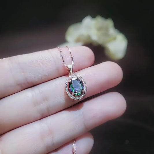 Rainbow Mystic Topaz Necklace - Rose gold coated  Sterling Silver -  Oval Cut Mystic Topaz Pendant 052