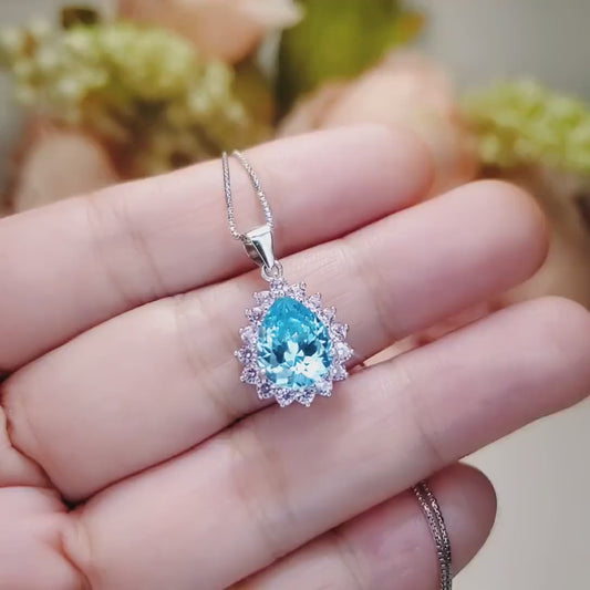 Large Teardrop Aquamarine Necklace - Sterling Silver 3 CT Blue Aquamarine Pendant March Birthstone Pink Tourmaline Halo Pear Aquamarine #528