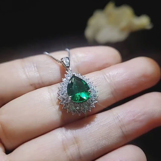 Double Halo Teardrop Emerald Necklace - 18KGP Sterling Silver - 3 CT Large Nano Green Emerald Pendant -  Gemstone Pear Jewelry 1120