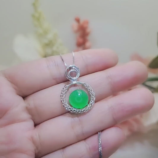 10mm Green Jade Necklace Diamond Triple Circle Green Jade Pendant White Gold Plated Sterling Silver 1051