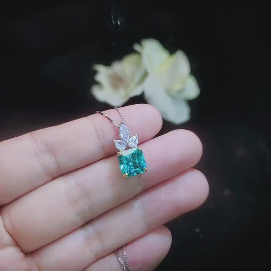 Green Paraiba Tourmaline Necklace - Three Leaf Flower Style - Square Paraiba Pendant - 18kgp @ Sterling Silver #949