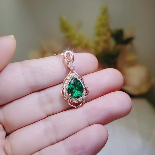 Teardrop Emerald Necklace Rose Gold Diamond Feather Leaf Green Gems Pendant Sterling Silver Pear Emerald Jewelry May Birthstone 2.75 CT #544