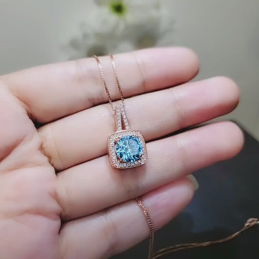 Round Aquamarine Necklace - Rose Gold Square Blue Stone Pendant -  Solitaire  8 mm Blue Aquamarine Jewelry #140