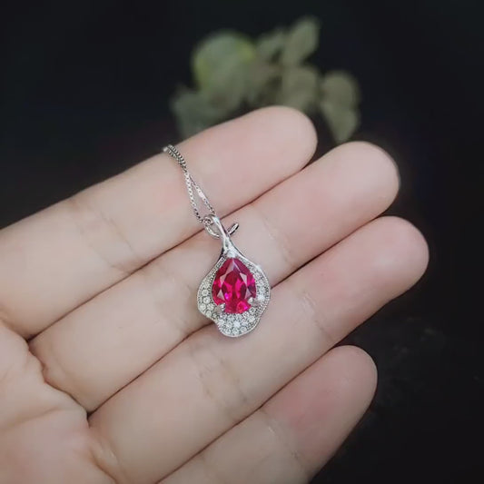 Ruby Necklace , Sterling Silver Leaf Lily flower 2 CT Teardrop Red Ruby Pendant - 18kgp @ Sterling Silver - Pear Cut July Birthstone #234