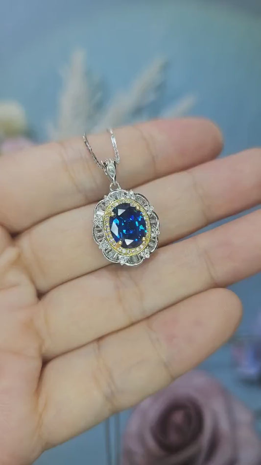 Blue Sapphire Lotus Flower Necklace Gemstone Gold Halo 3 ct Oval Blue Gemstone Pendant Sterling Silver White Gold plated  Jewelry #720