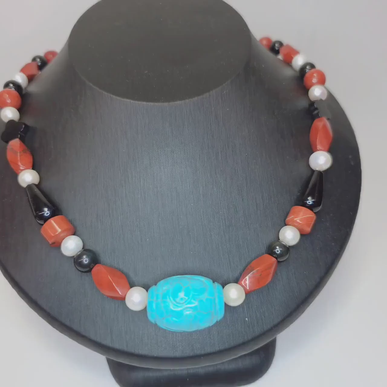 Natural Turquoise Pearl Necklace, Hand-Carved Red Jasper Black Onyx Obsidian Statement Jewelry, Chunky Boho Chunky Gemstone Necklace