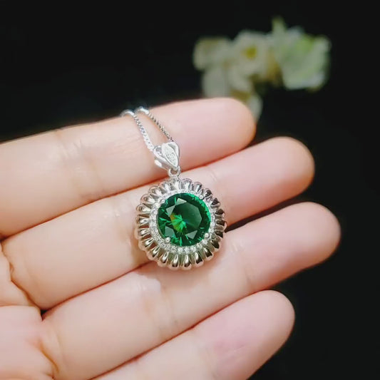 Large Emerald Necklace - Sterling Silver Sunflower Sun Necklace 4 Ct Green Gemstone Halo Emerald May Birthstone Gift #491