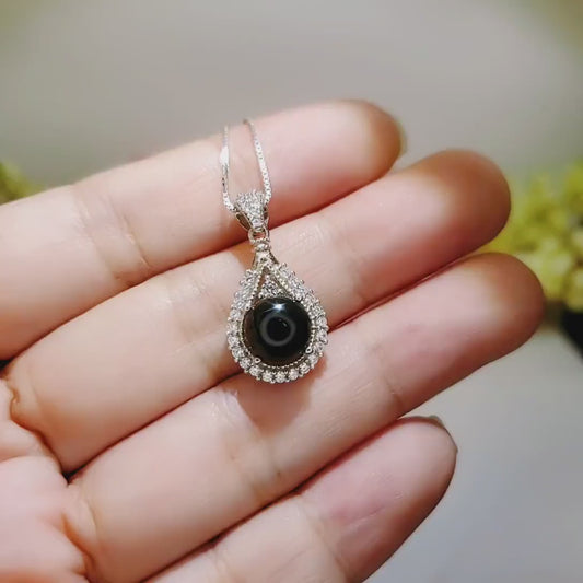 Black Onyx Necklace Round Full 925 Sterling Silver -Teardrop Dainty Root Chakra Healing- Protective Black Onyx Pendant #281