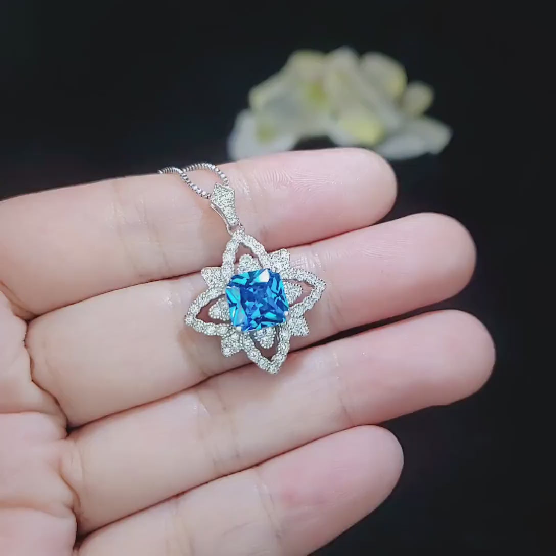 Gemstone Medal Blue Topaz Necklace - Medal of Honor Flower  - Sterling Silver Star Celestial Jewelry -  Square Blue Topaz Pendant #512