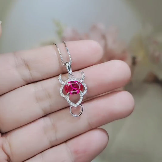 Sterling Silver Ruby Necklace - Buffalo Cattle Bull OX Necklace -  July Birthstone - 1.5 CT Ruby Pendant #259