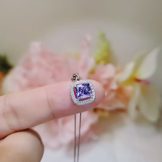 Minimalist Amethyst Necklace - Sterling Silver Halo Solitaire Tiny Created synthetic Purple Gem 1 Ct White Gold Coated Square Amethyst  #004