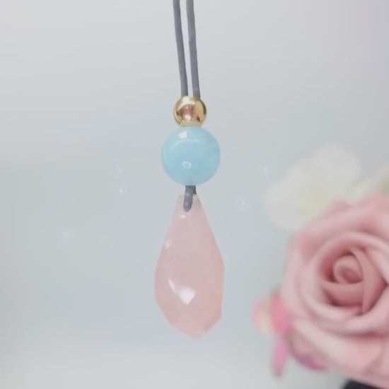 Rose Quartz Faceted Necklace, Chunky Aquamarine Crystal Healing Jewelry, Romantic Love Stone Pendant, Adjustable Leather Cord