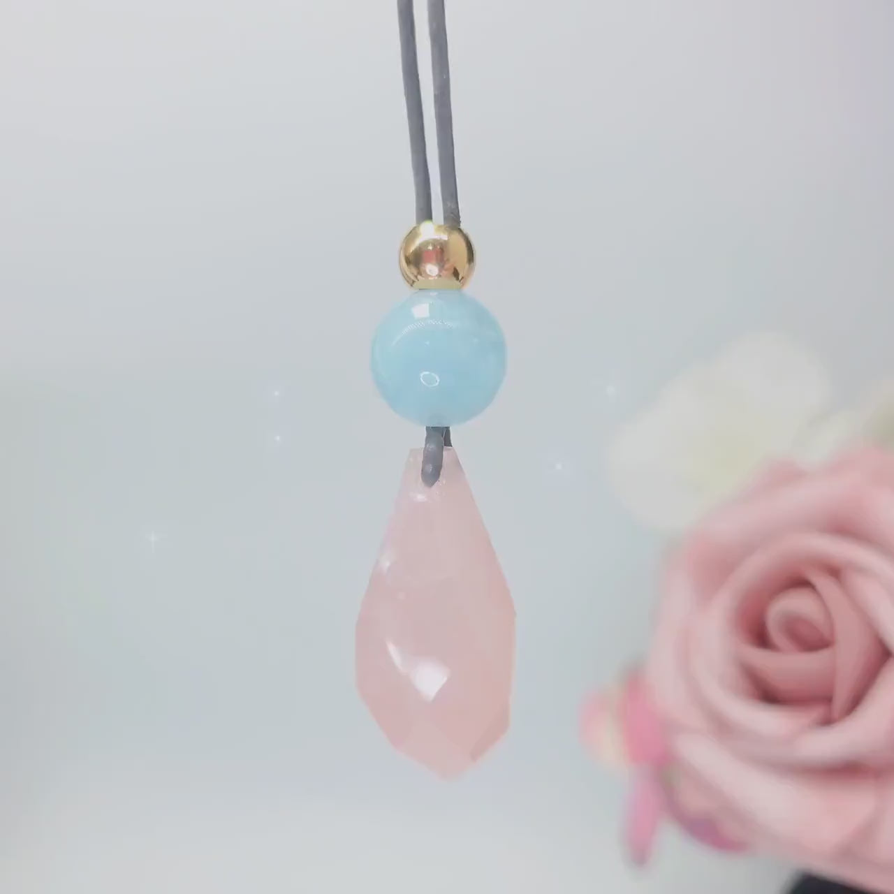 Rose Quartz Faceted Necklace, Chunky Aquamarine Crystal Healing Jewelry, Romantic Love Stone Pendant, Adjustable Leather Cord
