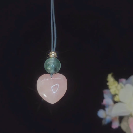 Chunky Rose Quartz Heart Necklace on 30" Adjustable Real Leather Cord, Geometric Green Fluorite Pendant, Large Natural Crystal Gift #2538