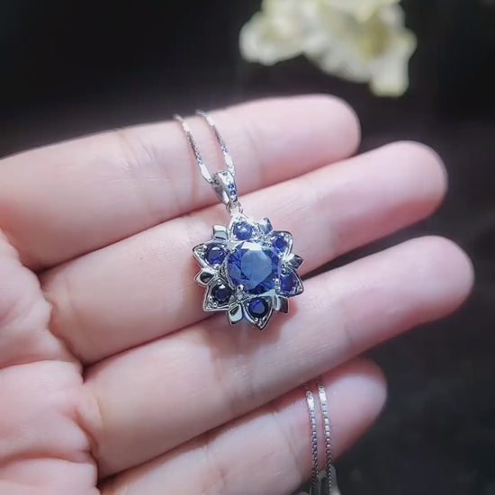 Blue Corundum @ Blue Sapphire Necklace - Blue Sapphire Pendant - 18KGP @ Sterling Silver - Unique Blue corundum 6 Petal Flower Necklace #695