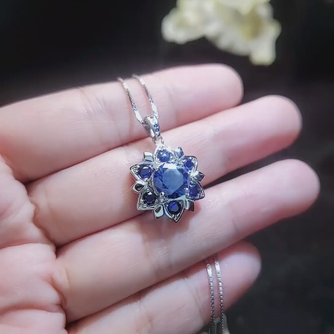 Blue Corundum @ Blue Sapphire Necklace - Blue Sapphire Pendant - 18KGP @ Sterling Silver - Unique Blue corundum 6 Petal Flower Necklace #695