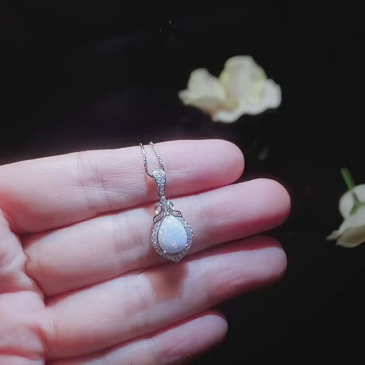 Tiny Opal Necklace - Teardrop Opal Pendant - 18kgp @ Sterling Silver - White Opal Pendant #119