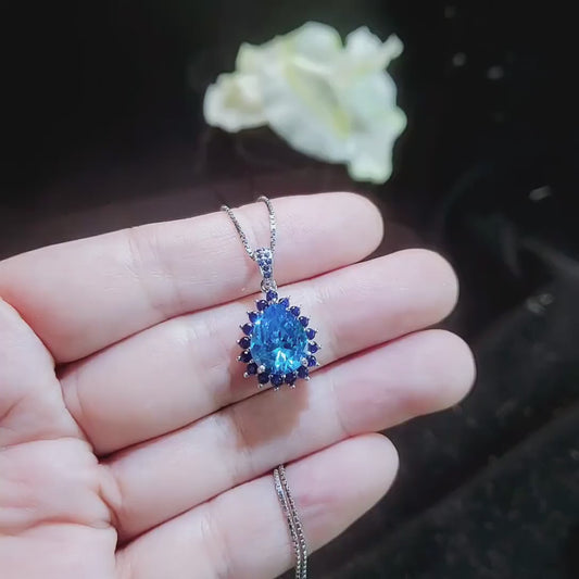 Large Blue Topaz Necklace - Blue Sapphire Halo - Blue Topaz Pendant -  Teardrop Blue Topaz Jewelry - 18kgp @ Sterling Silver - 4 CT #598