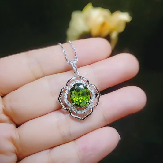 Sterling Silver Large Peridot  Necklace , Green Flower of Life Necklace - Oval Cut 4.1 Ct Lab Green Peridot Flower Pendant #545