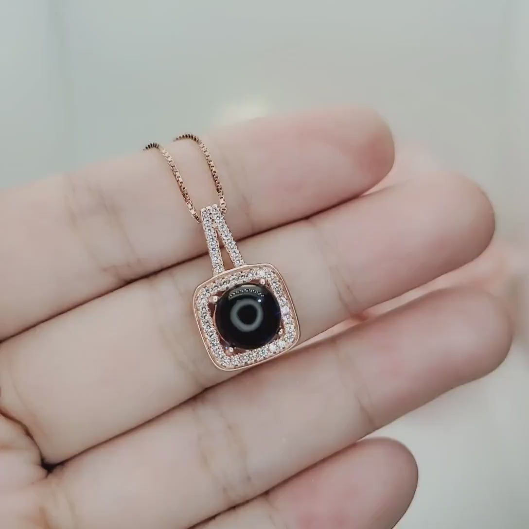 Black Onyx Necklace - Rose Gold coated 925 Sterling Silver Halo Solitaire Square 8 mm Black Agate Pendant 079