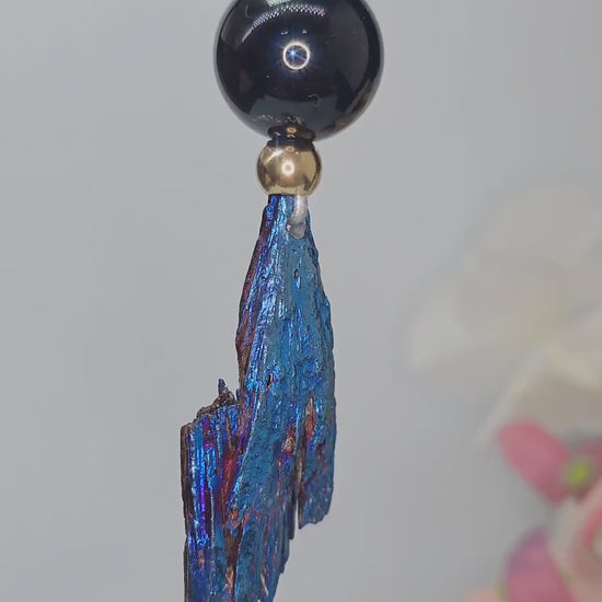 Geometric Titanium Black Tourmaline Necklace, Chunky Rainbow Crystal Pendant with Black Onyx, Healing Jewelry, Adjustable Leather Cord #2568