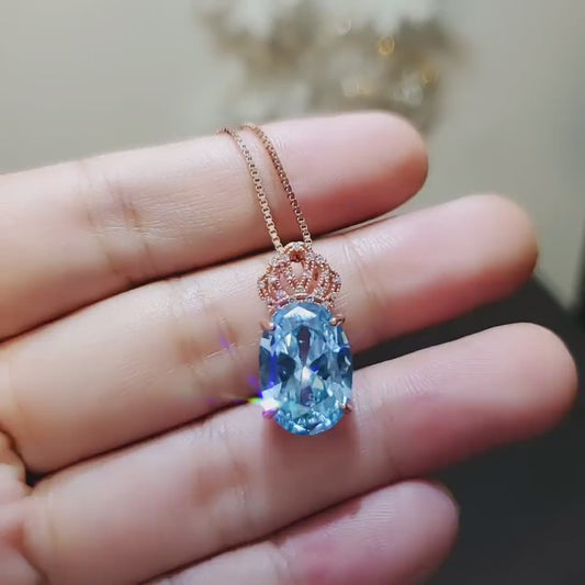 7 CT Aquamarine Necklace Gemstone Crown Rose Gold Sterling Silver Blue Gemstone Pendant Large Oval March Birthstone  Solitaire Halo 800