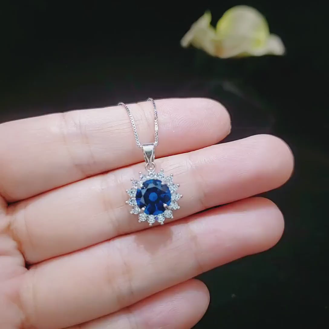 Blue Sapphire Necklace Gemstone Sunflower Pendant 8 mm White Gold Coated Princess Diana Style 2 CT Deep Blue Gemstone Jewelry #283