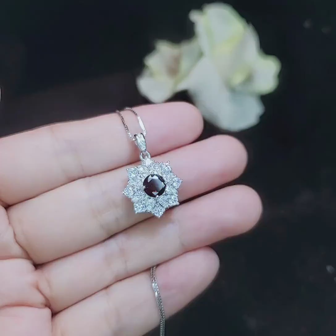 Garnet Necklace - Gemstone Flower Pendant - 18kgp @ Sterling Silver - Red Garnet Jewelry #603