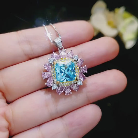 Large Square Blue Aquamarine Necklace  Gemstone Halo 7 CT 10 MM  Blue Aquamarine Pendant 18KGP @ Sterling Silver #866