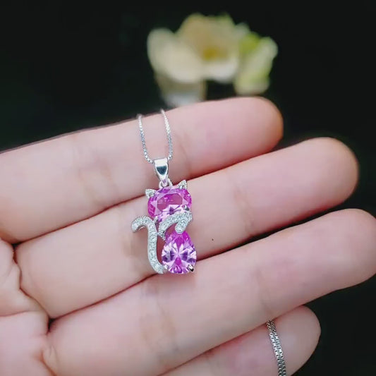 Cat Pink Tourmaline Necklace, Kitty Cat Pendant Gemstone White Gold Plated Sterling Silver Pets Lover Jewelry #213