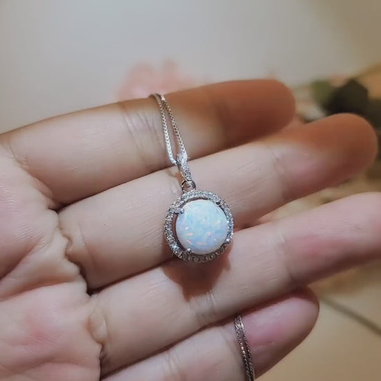 Opal Necklace - Large White Opal Gemstone Halo Circle Round 10mm 18KGP @ Sterling Silver Fire Opal #202