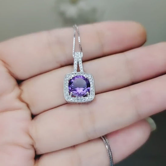 Genuine Amethyst Necklace Natural Amethyst Pendant 18kgp@ Sterling Silver - Simple Purple Amethyst Healing Jewelry February Birthstone #476