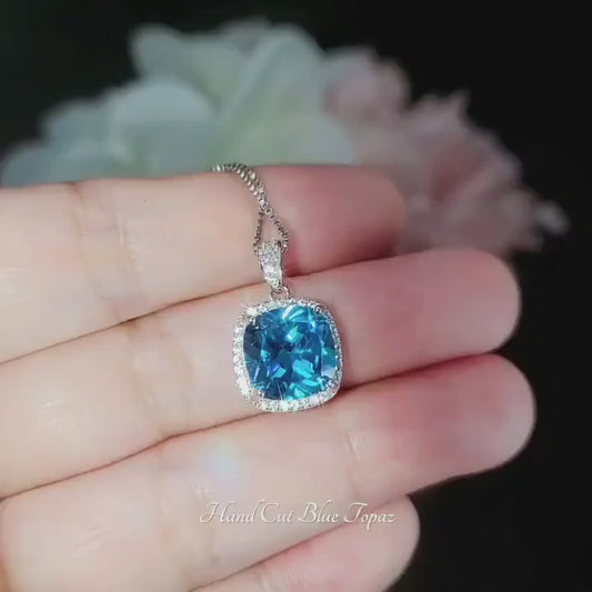 Topaz Necklace -  Sterling Silver Cushion Square Large 6 CT Blue Topaz Jewelry #542