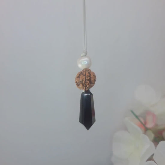 Black Obsidian Rudraksha Seed Necklace, Natural Pearl Chunky Pendant, Adjustable Leather Cord, Spiritual Prayer & Energy Jewelry #2070