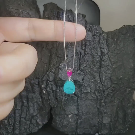 Sterling Silver Teardrop Paraiba Necklace - Dainty Red Ruby  6 CT Synthetic Lab Created Blue Paraiba Tourmaline Necklace #726
