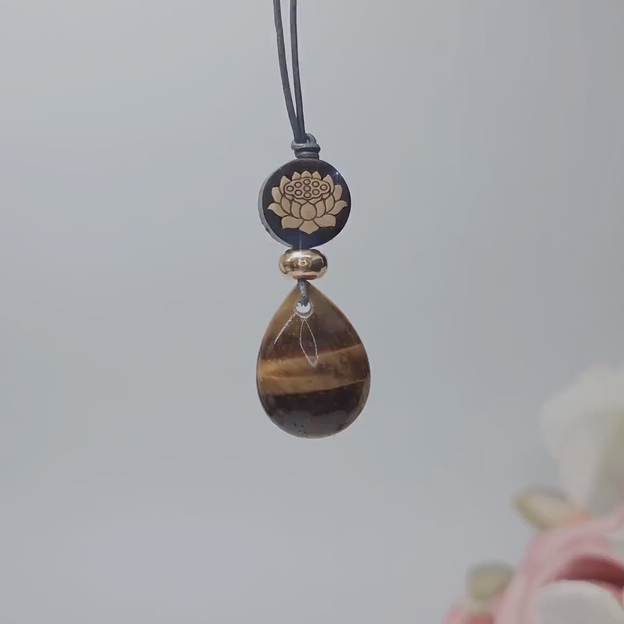 Natural Tigers Eye Necklace, Chunky Geometric 18k Lotus Flower Jewelry, November Birthstone Zen Gift, Adjustable Leather Cord