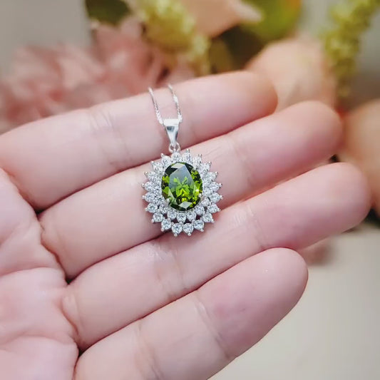 Large Green Peridot Necklace - Double Halo Gemstone 3 CT Peridot Pendant - White Gold coated Sterling Silver - Peridot Jewelry #572