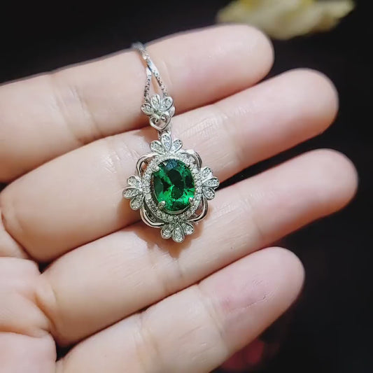 Luxury Emerald Necklace, Gemstone Flower - 18KGP @ Sterling Silver - Victoria Style Green Emerald Pendant - May Birthstone #625