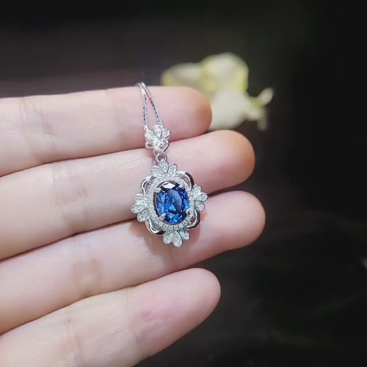 Blue Sapphire Necklace - Gemstone Flower White Gold Coated Sterling Silver 2.5 Ct  September Birthstone Royal Solitaire Artist Design #648