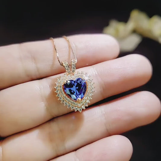 Tanzanite Heart Necklace - 18KGP @ Sterling Silver - Double Halo Heart Tanzanite Pendant - December Birthstone   #578