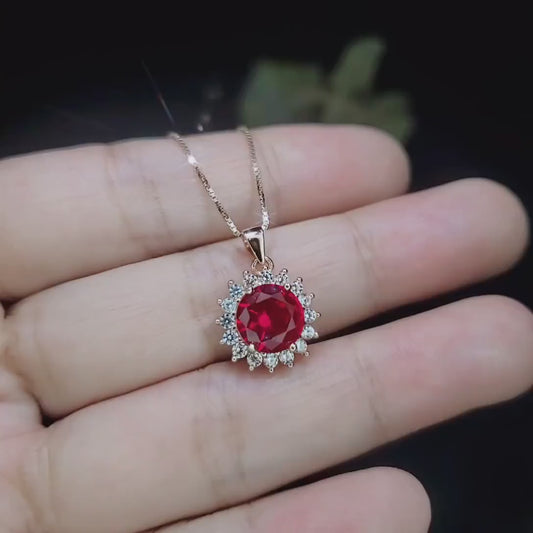 Red Ruby Pendant Necklace 8mm Solitaire Gemstone Yellow Rose gold July birthstone jewelry #126