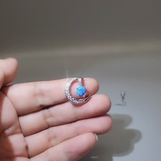 Crescent Blue Opal Moon Necklace Full 925 Sterling Silver Two Pendant wear Opal Pendant #225